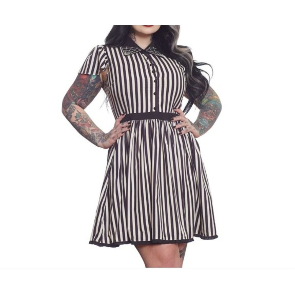 Sourpuss Striped Spiderweb Collar Dress Black Cream Rockabilly Goth Large